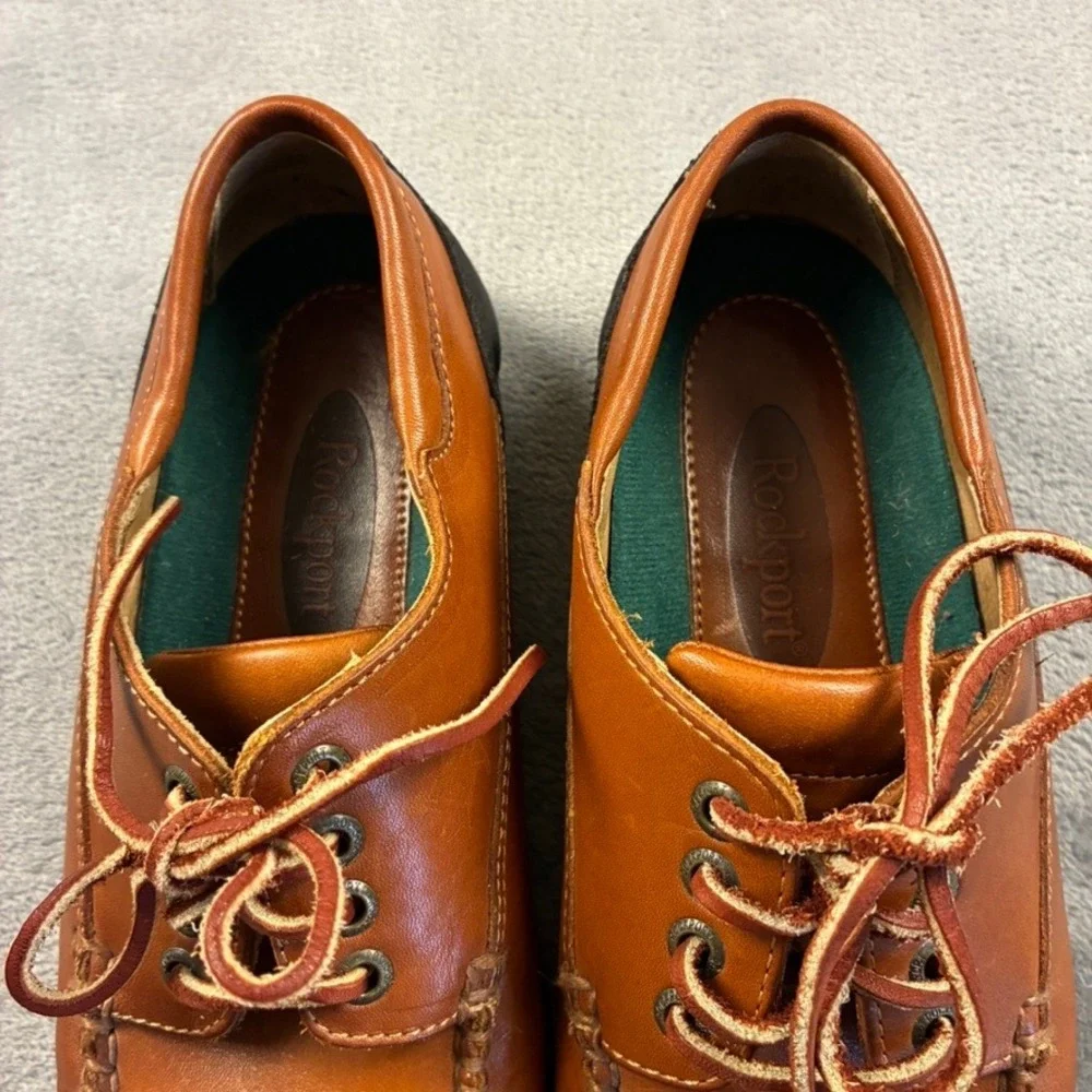 Rockport Men's Tan Leather Moc Toe Boat Shoes Goodyear Slip Resistant Sole 7.5 M